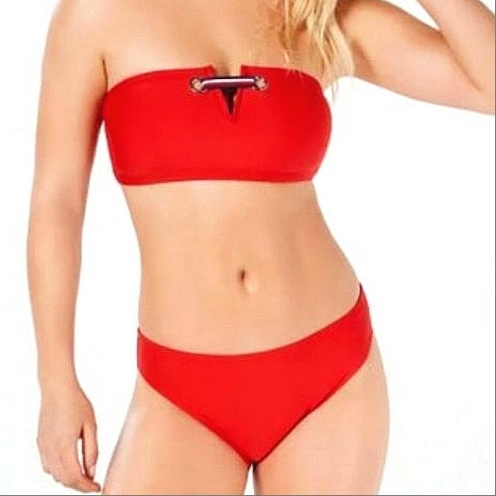 Tommy Hilfiger Bandeau Halter Top & Red Bikini Bottom 2 Piece Swimsuit Xsmall